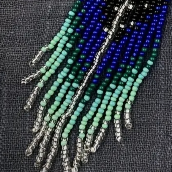Long 5" Turquoise Blue & Black Beaded Large Oversized Bohemian Handmade Earrings - Picture 8 of 9